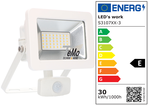 SHADA LED-Strahler Flutlichtstrahler 30W 3300lm 4000K IP44 - Sensor - Sanan LED - Weiß, EEC: E (310715)